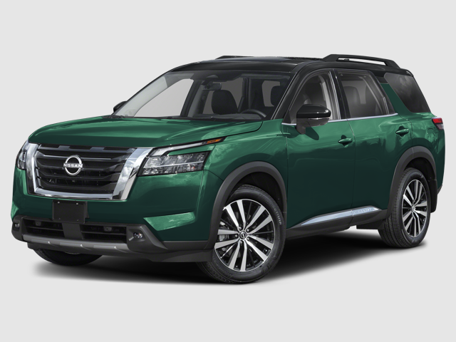 A dark green 2025 Nissan Pathfinder SUV with a sleek design and shiny wheels.