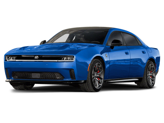 A blue 2026 Dodge Charger Daytona Scat Pack Plus car with a sporty design, featuring black accents and red brake calipers.