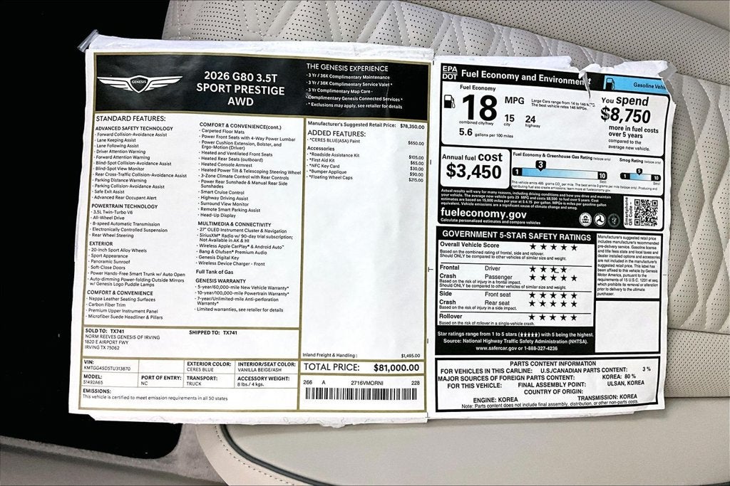 2026 Genesis G80 3.5T SPORT PRESTIGE