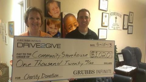 two people holding grubbs drive2give cheque